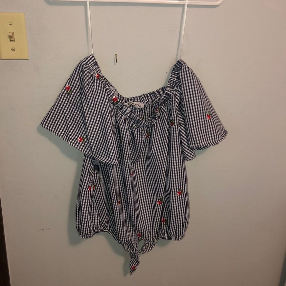 off the shoulder plaid blouse!